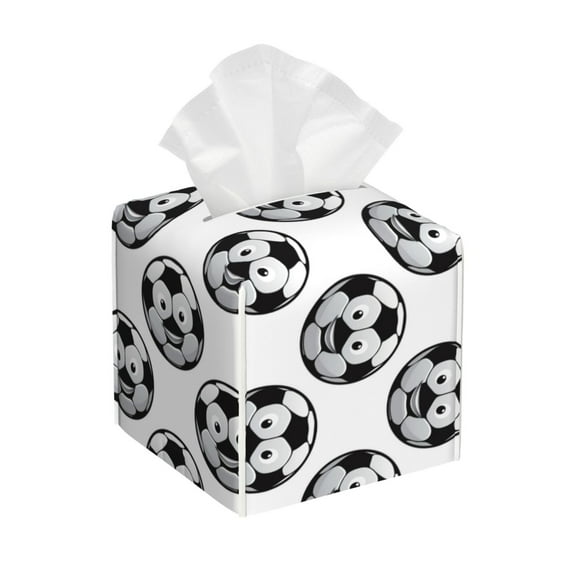 Lsque Happy Soccer Printed Tissue Box Cover Holder, Facial Paper Organizer Dispenser,Square with Bottom Belt, PVC Leather Decorative Organizer