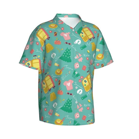 Lsque Happy Summer pattern Hawaiian Shirt for Men, Unisex Summer Beach Casual Short Sleeve Button Down Shirts-3X-Large