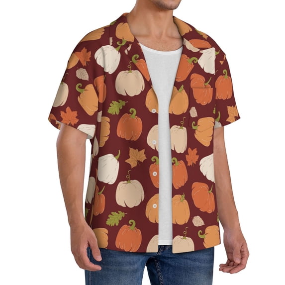 Lsque Happy Thanksgiving Day print Men's Cuban Collar Short Sleeve Shirt Summer Beachwear Casual Button Down Fashionable Vacation Leisure Shirt-Medium