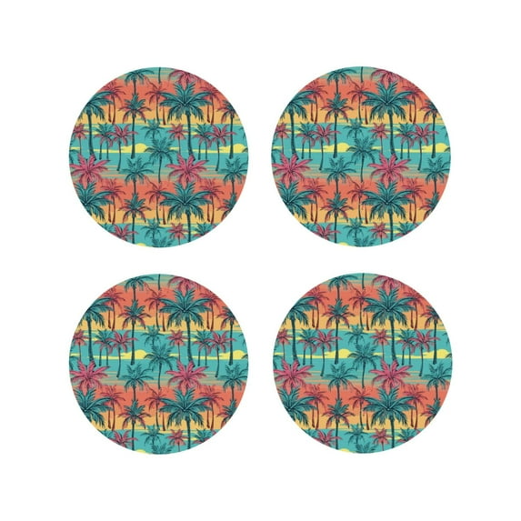 Lsque Hawaii Palms Pattern 4" Drink Coasters Set of 4, PVC Leather Absorbent Coasters, Table Coaster Set Decorative Coffee Cup Coasters Housewarming Gift -Round Shape