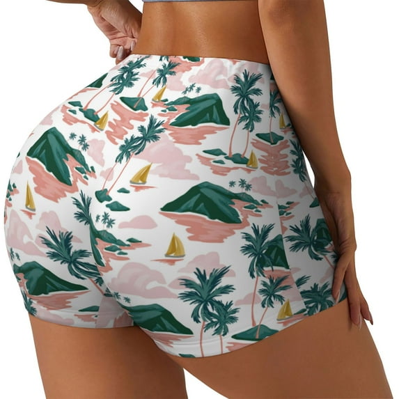 Lsque Hawaii Palms Pattern High Waisted Biker Shorts for Women-Tummy Control Fitness Athletic Workout Running Yoga Gym Shorts,Moisture-Wicking-X-Large