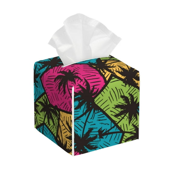 Lsque Hawaii Palms Printed Tissue Box Cover Holder, Facial Paper Organizer Dispenser,Square with Bottom Belt, PVC Leather Decorative Organizer