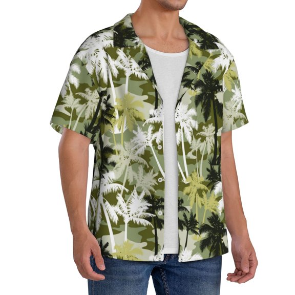 Lsque Hawaii Palms print Men's Cuban Collar Short Sleeve Shirt Summer Beachwear Casual Button Down Fashionable Vacation Leisure Shirt-3X-Large