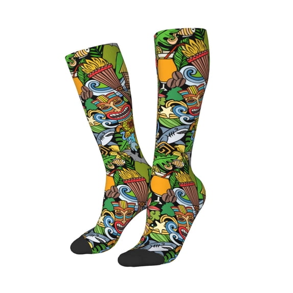 Lsque Hawaiian Culture Symbols 1 Printed Crew Socks Men's Women's LightWeight Thin Casual Calf Socks ,Knee High Socks,Cotton Socks