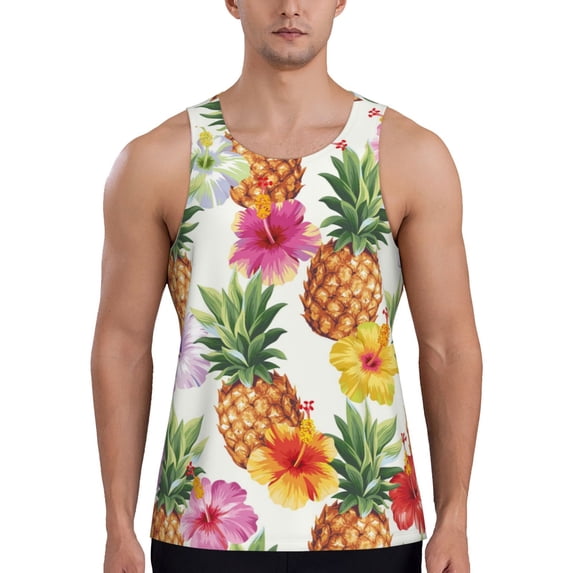 Lsque Hawaiian Pineappl Pattern Mens Tank Tops Muscle Athletic Quick Dry Sleeveless Workout Fitness T Shirts Beach Tank Top, Loose-fit Sleeveless Shirt for Men-Medium