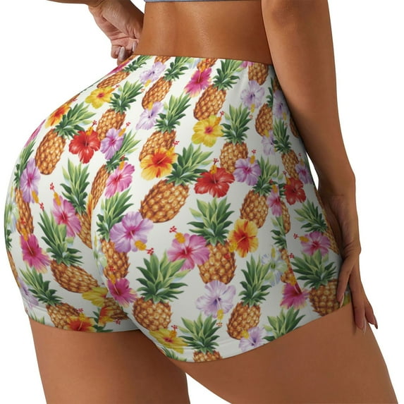 Lsque Hawaiian Pineapples And Hibiscus Flowers Pattern High Waisted Biker Shorts for Women-Tummy Control Fitness Athletic Workout Running Yoga Gym Shorts,Moisture-Wicking-Large