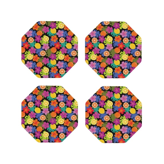 Lsque Hawaiian Style Pattern 4" Drink Coasters Set of 4, PVC Leather Absorbent Coasters, Table Coaster Set Decorative Coffee Cup Coasters Housewarming Gift -Octagon