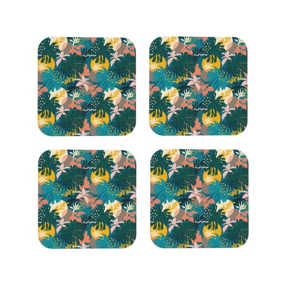 Lsque Hawaiian Style Pattern 4" Drink Coasters Set of 4, PVC Leather Absorbent Coasters, Table Coaster Set Decorative Coffee Cup Coasters Housewarming Gift -Square