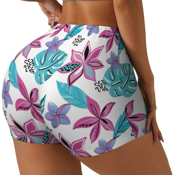 Lsque Hawaiian Style Pattern High Waisted Biker Shorts for Women-Tummy Control Fitness Athletic Workout Running Yoga Gym Shorts,Moisture-Wicking-Small