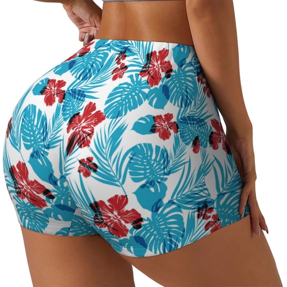 Lsque Hawaiian Style Pattern High Waisted Biker Shorts for Women-Tummy Control Fitness Athletic Workout Running Yoga Gym Shorts,Moisture-Wicking-X-Large
