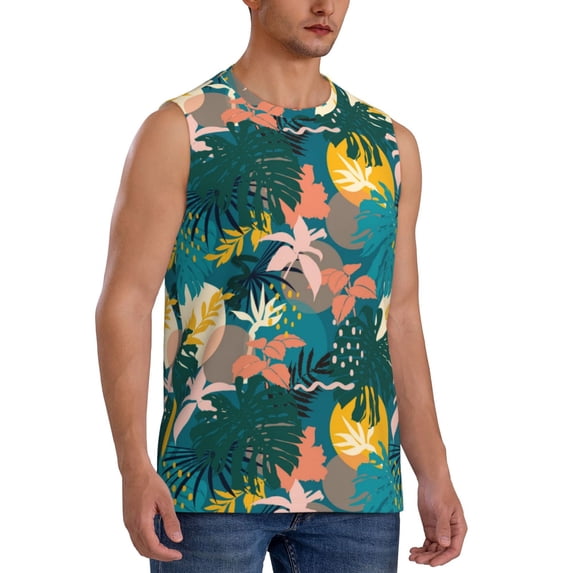 Lsque Hawaiian Style Print Men's Cotton Blend Sleeveless Muscle Shirts (S-3XL)- Moisture Wicking, Odor Protection, UPF 30+,X-Large