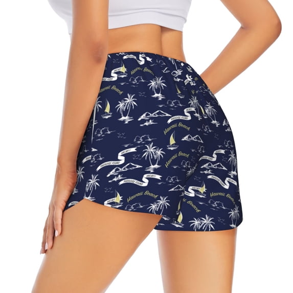 Lsque Hawaiian Style Printed Women's Running Shorts with Liner Pockets,Elastic Quick Dry Workout Athletic Gym Yoga Shorts,Womens High Waist Shorts-Small