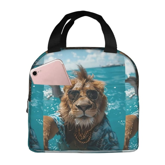 Lsque Hawaiian Swimming Lion Pattern Lunch Bag Women/Men Insulated Lunch Box,Small Leakproof Cooler Food Lunch Containers Reusable High Capacity Lunch Tote Bags
