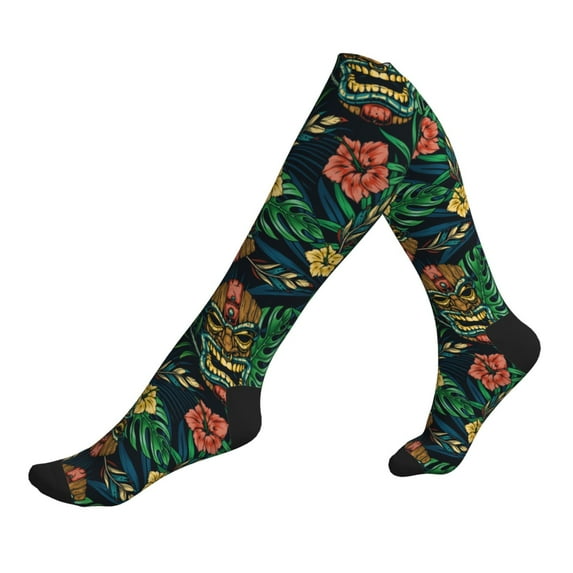 Lsque Hawaiian Tribal Mask Pattern Sport Compression Socks for Men & Women 15-20 mmHg Knee High Nurse Pregnant Running Medical and Travel Athletic