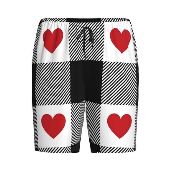 Lsque Heart Black Buffalo Plaid Gingham Mens Sleep Pajama Shorts,Short Pajama Pants, Cotton Ultra-Soft Knit-Large