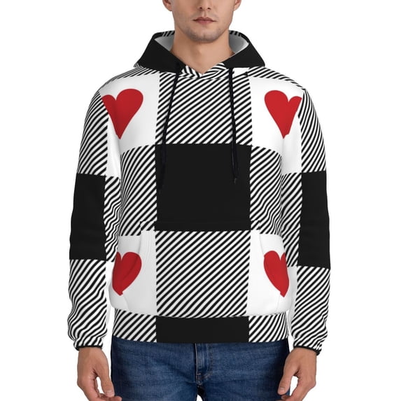 Lsque Heart Black Buffalo Plaid Gingham Pattern Casual Men's Hoodie,Hooded Sweatshirt with Kangaroo Pocket,Pullover Hoodie-XX-Large