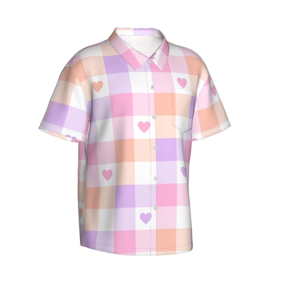 Lsque Heart Buffalo Plaid pattern Hawaiian Shirt for Men, Unisex Summer Beach Casual Short Sleeve Button Down Shirts-Large