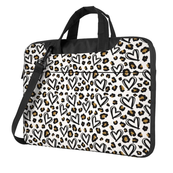 Lsque Heart Leopard Pattern Laptop Bag – Portable & Slim Single-Shoulder Computer Case with Adjustable Strap, Protective, Lightweight for 13”/14”/15.6” Laptops