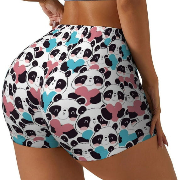 Lsque Heart Panda Pattern High Waisted Biker Shorts for Women-Tummy Control Fitness Athletic Workout Running Yoga Gym Shorts,Moisture-Wicking-Large