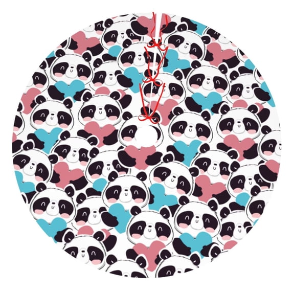 Lsque Heart Panda Print Christmas Tree Skirt, Tree Skirt with Ties or Velcro, Perfect for Holiday Decorations, Halloween, and New Year-30"