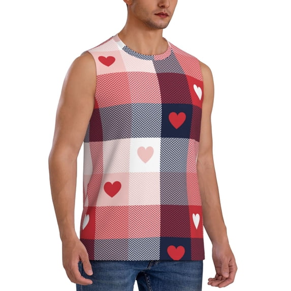 Lsque Heart Plaid Print Men's Cotton Blend Sleeveless Muscle Shirts (S-3XL)- Moisture Wicking, Odor Protection, UPF 30+,Large