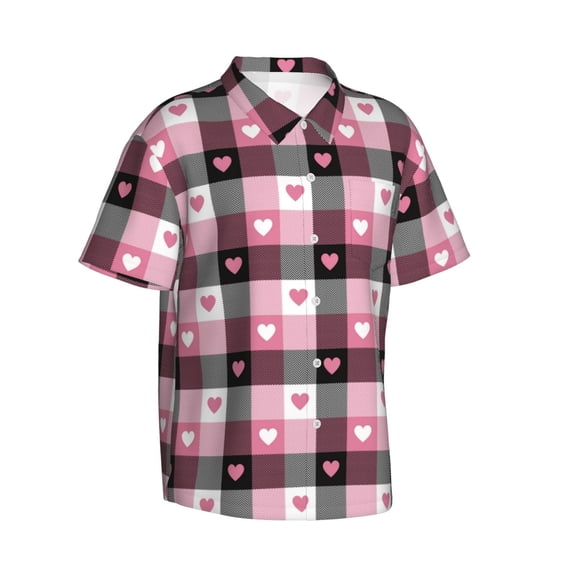 Lsque Heart Plaid pattern Hawaiian Shirt for Men, Unisex Summer Beach Casual Short Sleeve Button Down Shirts-Medium