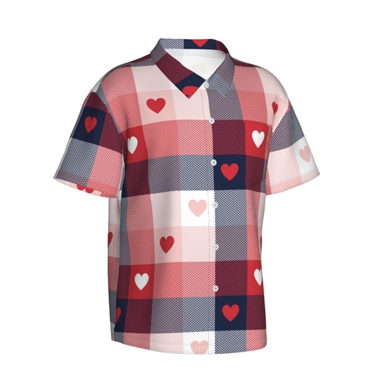 Lsque Heart Plaid pattern Hawaiian Shirt for Men, Unisex Summer Beach Casual Short Sleeve Button Down Shirts-Small