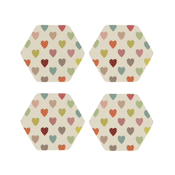Lsque Heart Polka Dot Pattern 4" Drink Coasters Set of 4, PVC Leather Absorbent Coasters, Table Coaster Set Decorative Coffee Cup Coasters Housewarming Gift -Hexagon