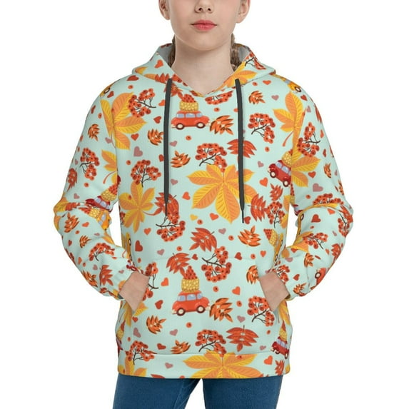 Lsque Hearts And Autumn Leaves Patten Youth Hoodie Sweatshirt Pullover with Kangaroo Pocket Boys and Girls Hoodie Warm Hoodie for Kids-Small