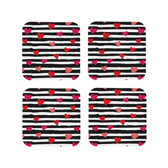 Lsque Hearts And Lines1 Pattern 4" Drink Coasters Set of 4, PVC Leather Absorbent Coasters, Table Coaster Set Decorative Coffee Cup Coasters Housewarming Gift -Square