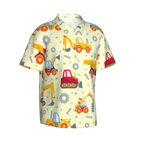 Lsque Heavy Equipment pattern Hawaiian Shirt for Men, Unisex Summer Beach Casual Short Sleeve Button Down Shirts-Large
