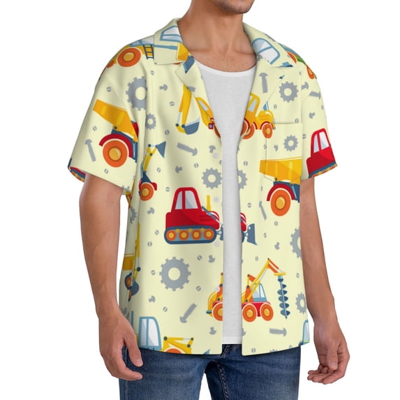 Lsque Heavy Equipment print Men's Cuban Collar Short Sleeve Shirt Summer Beachwear Casual Button Down Fashionable Vacation Leisure Shirt-X-Large