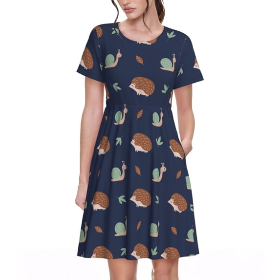Lsque Hedgehog And Snail Print Women's Casual Dress T-Shirt Summer Short Sleeve Scoop Neck Swing Dresses