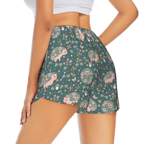 Lsque Hedgehogs and Flowers Printed Women's Running Shorts with Liner Pockets,Elastic Quick Dry Workout Athletic Gym Yoga Shorts,Womens High Waist Shorts-Medium