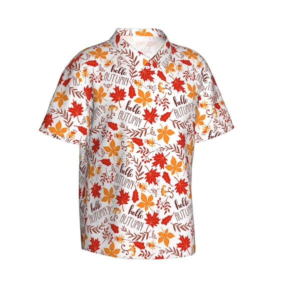Lsque Hello Autumn Maple Leaf pattern Hawaiian Shirt for Men, Unisex Summer Beach Casual Short Sleeve Button Down Shirts-XX-Large