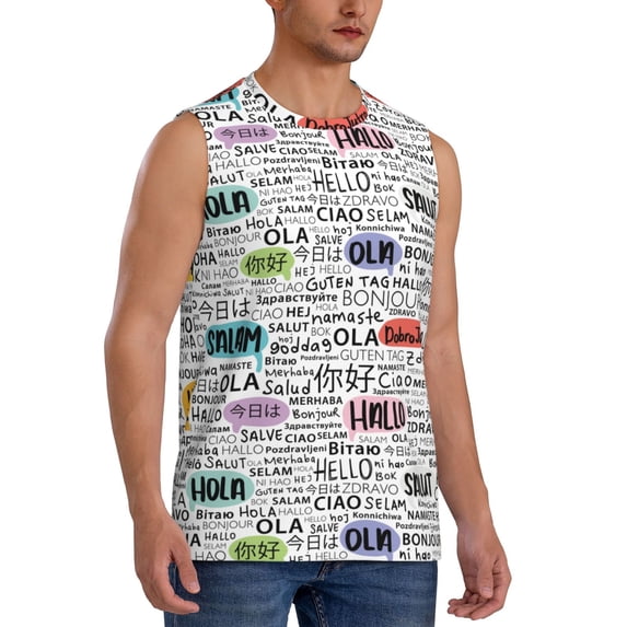 Lsque Hello Print Men's Cotton Blend Sleeveless Muscle Shirts (S-3XL)- Moisture Wicking, Odor Protection, UPF 30+,Small