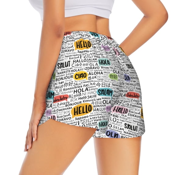Lsque Hello Printed Women's Running Shorts with Liner Pockets,Elastic Quick Dry Workout Athletic Gym Yoga Shorts,Womens High Waist Shorts-Large
