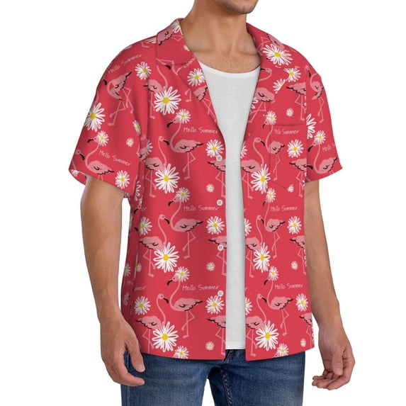 Lsque Hello Summer Flamingo print Men's Cuban Collar Short Sleeve Shirt Summer Beachwear Casual Button Down Fashionable Vacation Leisure Shirt-4X-Large