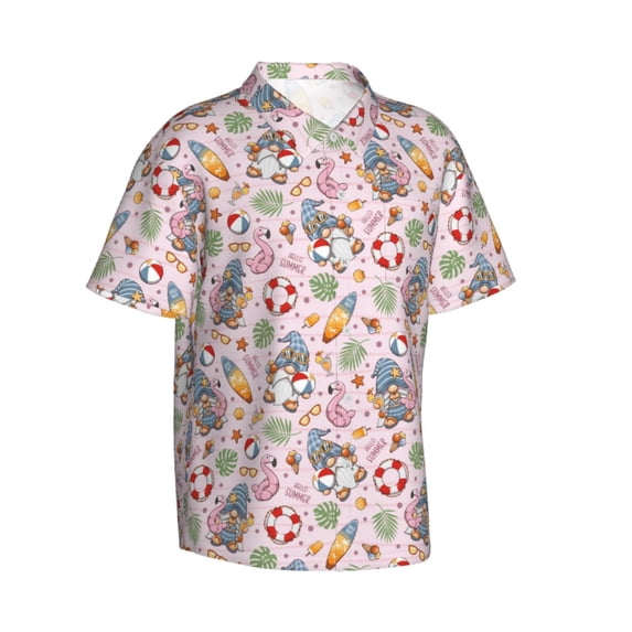 Lsque Hello Summer With Gnome pattern Hawaiian Shirt for Men, Unisex Summer Beach Casual Short Sleeve Button Down Shirts-3X-Large