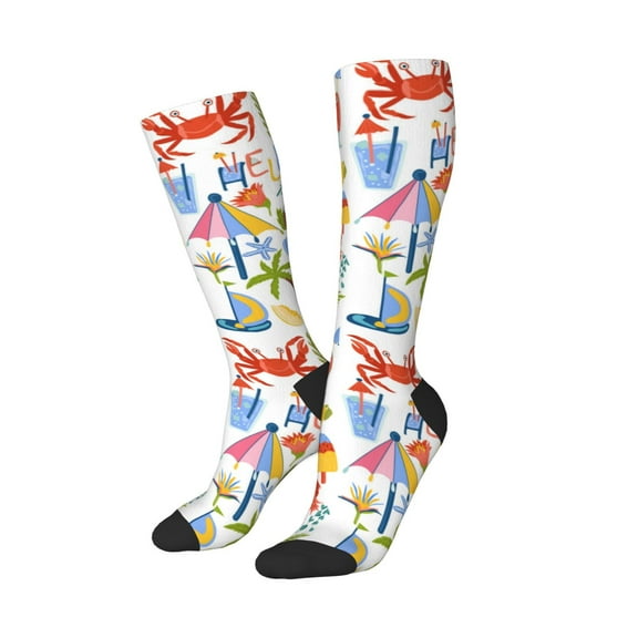 Lsque Hello Summer2 Printed Crew Socks Men's Women's LightWeight Thin Casual Calf Socks ,Knee High Socks,Cotton Socks