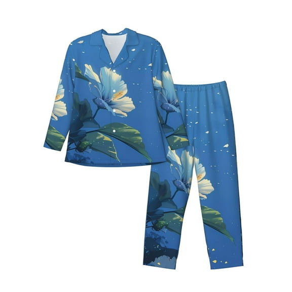 Lsque Hibiscus Flowers Calm Water Pattern Long Sleeve Pajama Set for Men - Soft 2-Piece Sleepwear and Loungewear Set with Pockets, Comfy Nightwear-Large