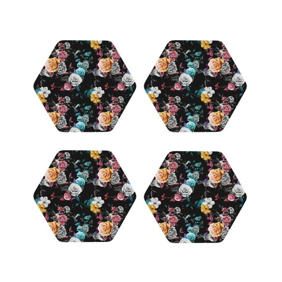 Lsque Hibiscus Rose Pattern 4" Drink Coasters Set of 4, PVC Leather Absorbent Coasters, Table Coaster Set Decorative Coffee Cup Coasters Housewarming Gift -Hexagon