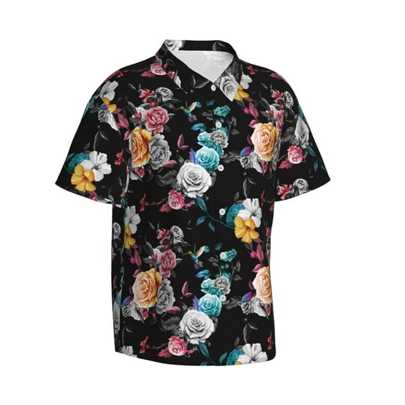 Lsque Hibiscus Rose pattern Hawaiian Shirt for Men, Unisex Summer Beach Casual Short Sleeve Button Down Shirts-XX-Large