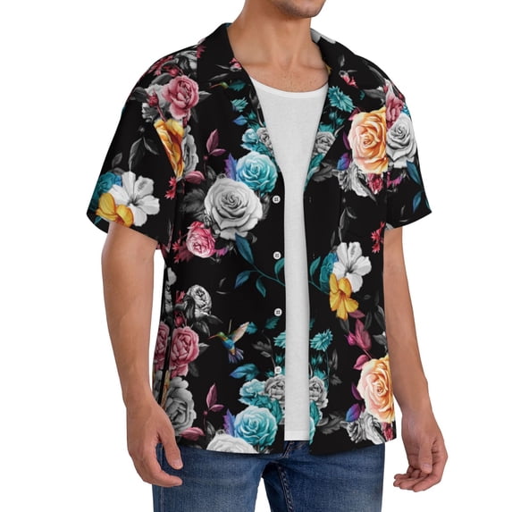 Lsque Hibiscus Rose print Men's Cuban Collar Short Sleeve Shirt Summer Beachwear Casual Button Down Fashionable Vacation Leisure Shirt-XX-Large