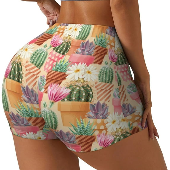Lsque High Detail Succulent Pattern High Waisted Biker Shorts for Women-Tummy Control Fitness Athletic Workout Running Yoga Gym Shorts,Moisture-Wicking-X-Large