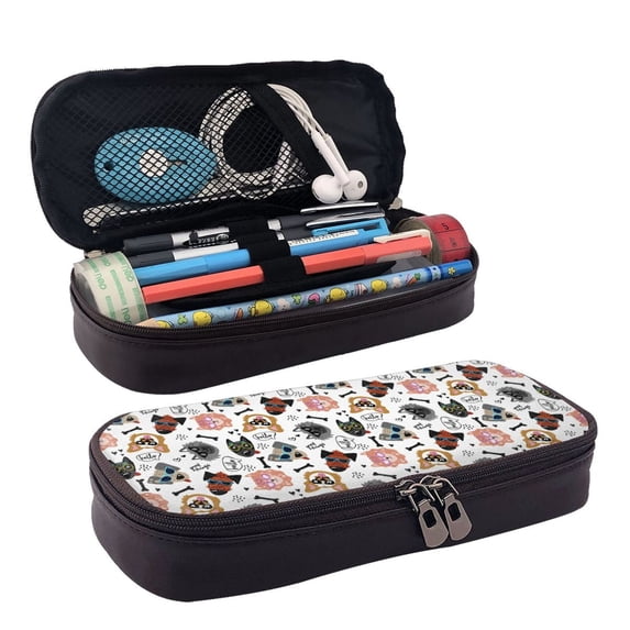 Lsque Hip Hop Dog Printed Big Capacity PU Leather Pencil Case Large Pencil Pouch Stationery Pen Bag Pencil Holder for Teen
