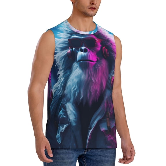 Lsque Hip-Hop Glasses Gorilla Print Men's Cotton Blend Sleeveless Muscle Shirts (S-3XL)- Moisture Wicking, Odor Protection, UPF 30+,Large