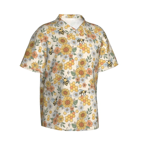 Lsque Hippie Bee Honeycomb pattern Hawaiian Shirt for Men, Unisex Summer Beach Casual Short Sleeve Button Down Shirts-3X-Large