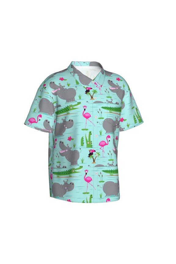 Hippo With Flamingos And Crocodiles pattern Hawaiian Shirt for Men, Unisex Summer Beach Casual Short Sleeve Button Down Shirts-X-Large