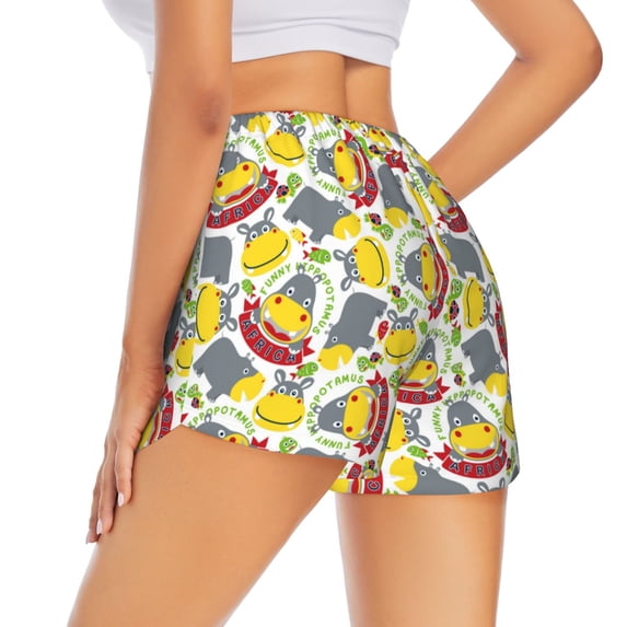 Lsque Hippopotamus Printed Women's Running Shorts with Liner Pockets,Elastic Quick Dry Workout Athletic Gym Yoga Shorts,Womens High Waist Shorts-Medium